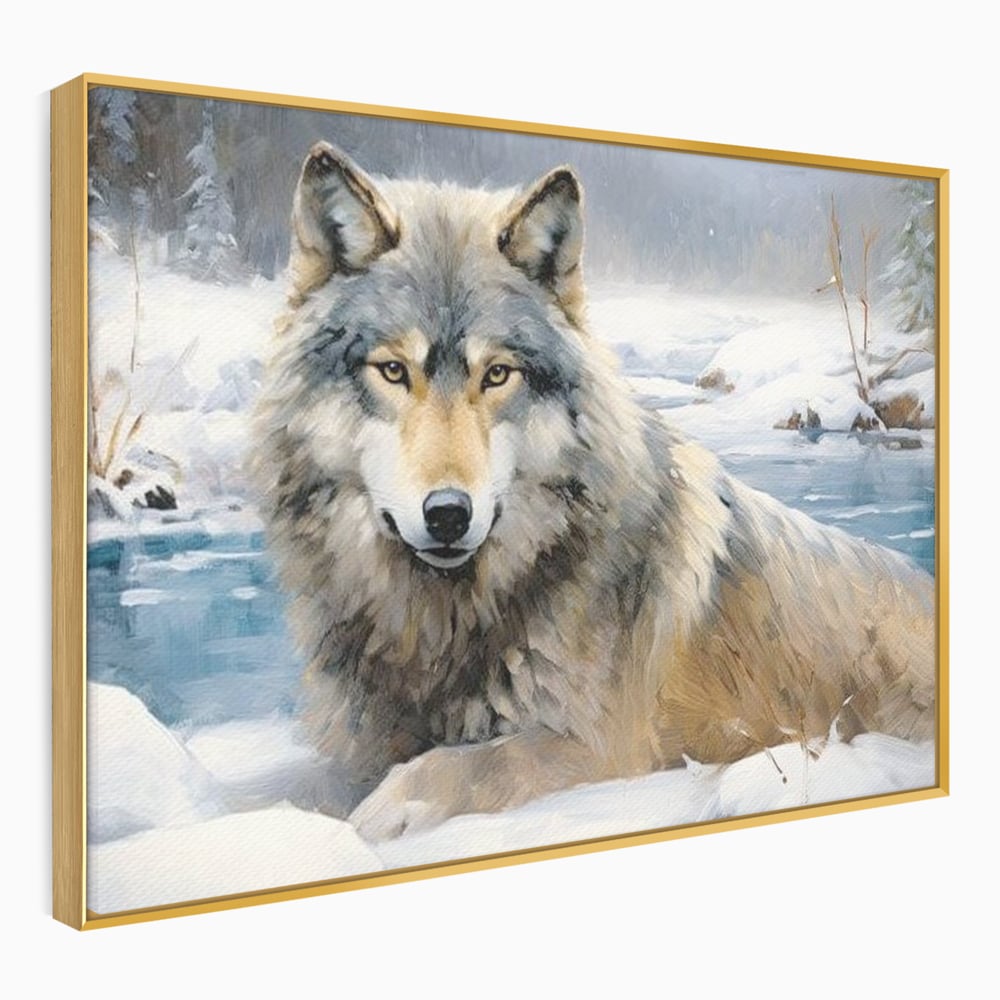 Tablou canvas cu pictura cu lup singuratic in zapada, in rama de aluminiu auriu